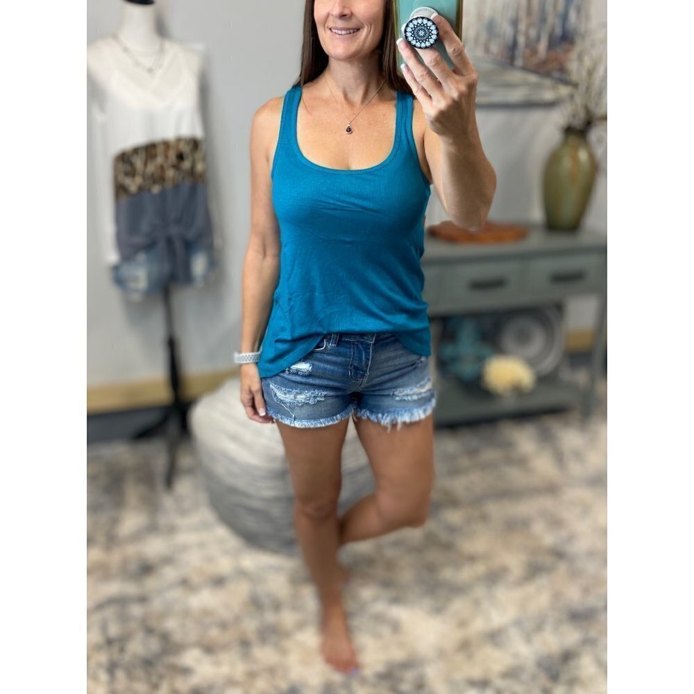 ❤️‍🔥Sparkle Low Cut Summer Racerback Ribbed Floaty Tank Top Tunic Teal 2915
